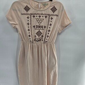 Polagram Beige Brown Embroidered Southwest Boho Cotton Midi Dress Medium